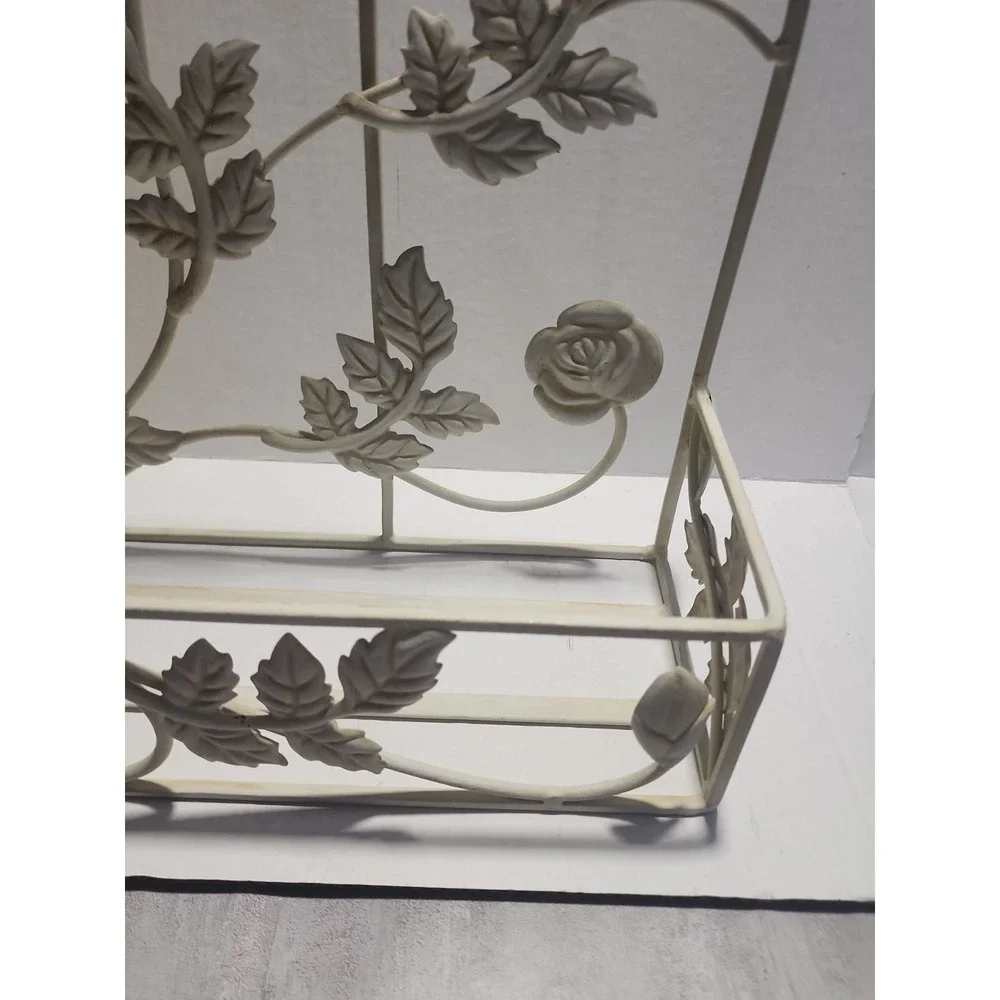 Vtg Metal Wrought Iron Wall Hanging Shelf Floral Decor Beige Distressed 19 in.